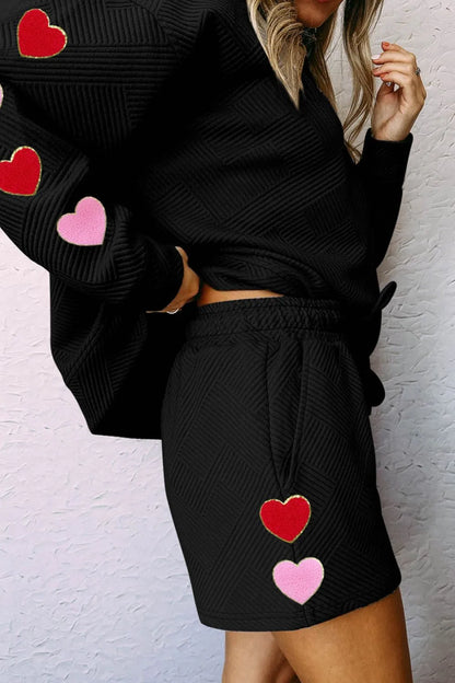 Heart Texture Round Neck Top and Drawstring Shorts Set-Nordavory