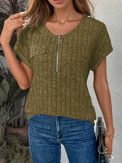 Zip-Front Short Sleeve T-Shirt-Nordavory