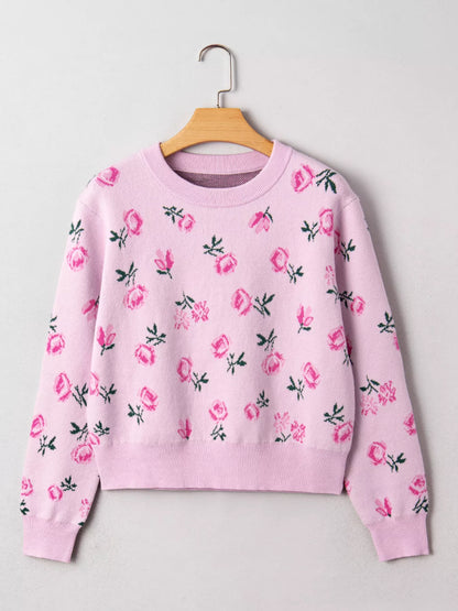 Floral Drop Shoulder Cropped Sweater-Nordavory