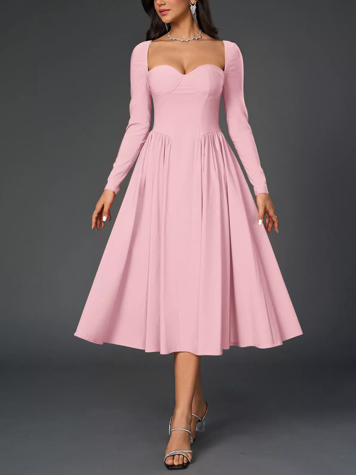 Sweetheart Neckline Long Sleeve A-Line Midi Dress-Nordavory