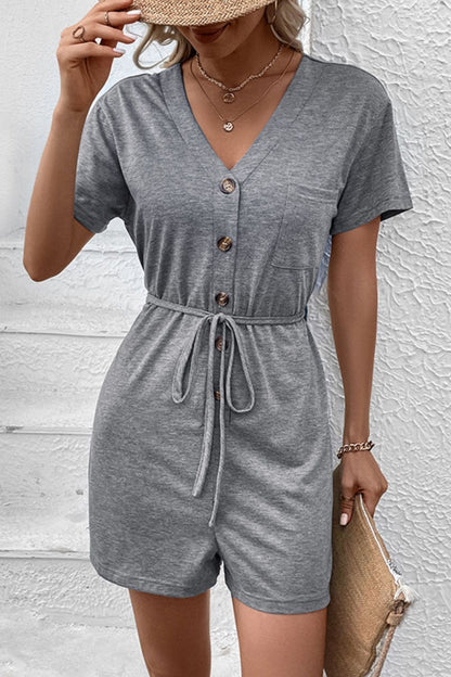 Perfee V-Neck Short Sleeve Tied Romper-Nordavory