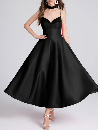Sweetheart Spaghetti Strap Midi Dress with Collar-Nordavory