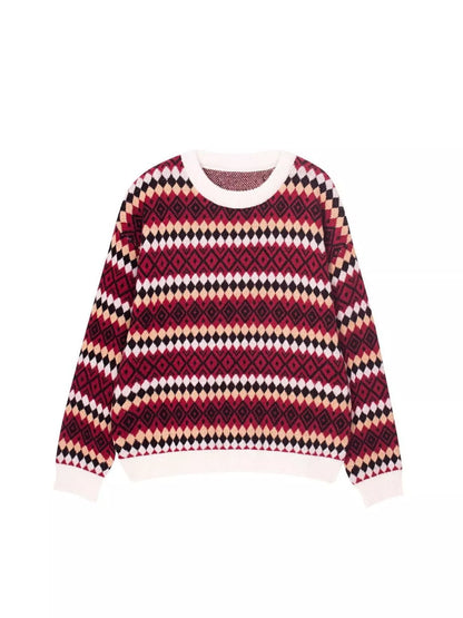 Geometric Pattern Round Neck Sweater-Nordavory
