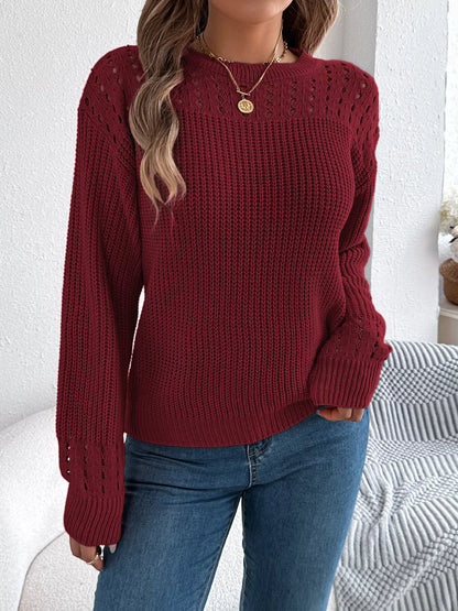 Openwork Round Neck Long Sleeve Sweater-Nordavory