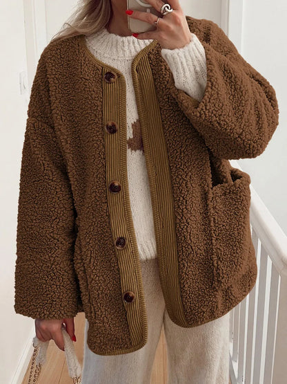 Contrast Button Up Sherpa Jacket with Pockets-Nordavory