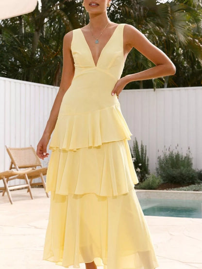Sleeveless Ruffled Layered Backless Maxi Dress-Nordavory