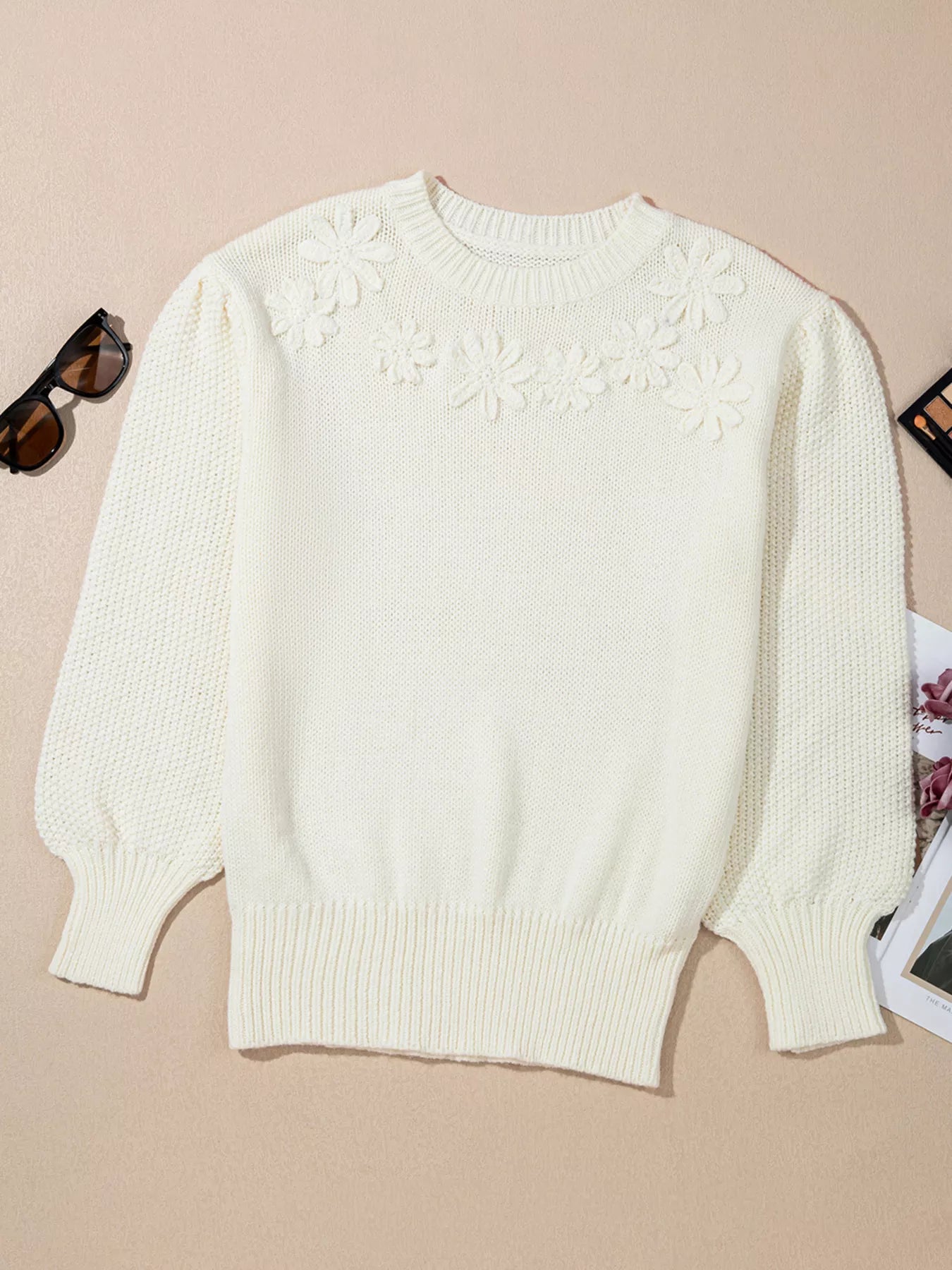 Flower Detail Round Neck Contrast Textured Puff Sleeve Sweater-Nordavory