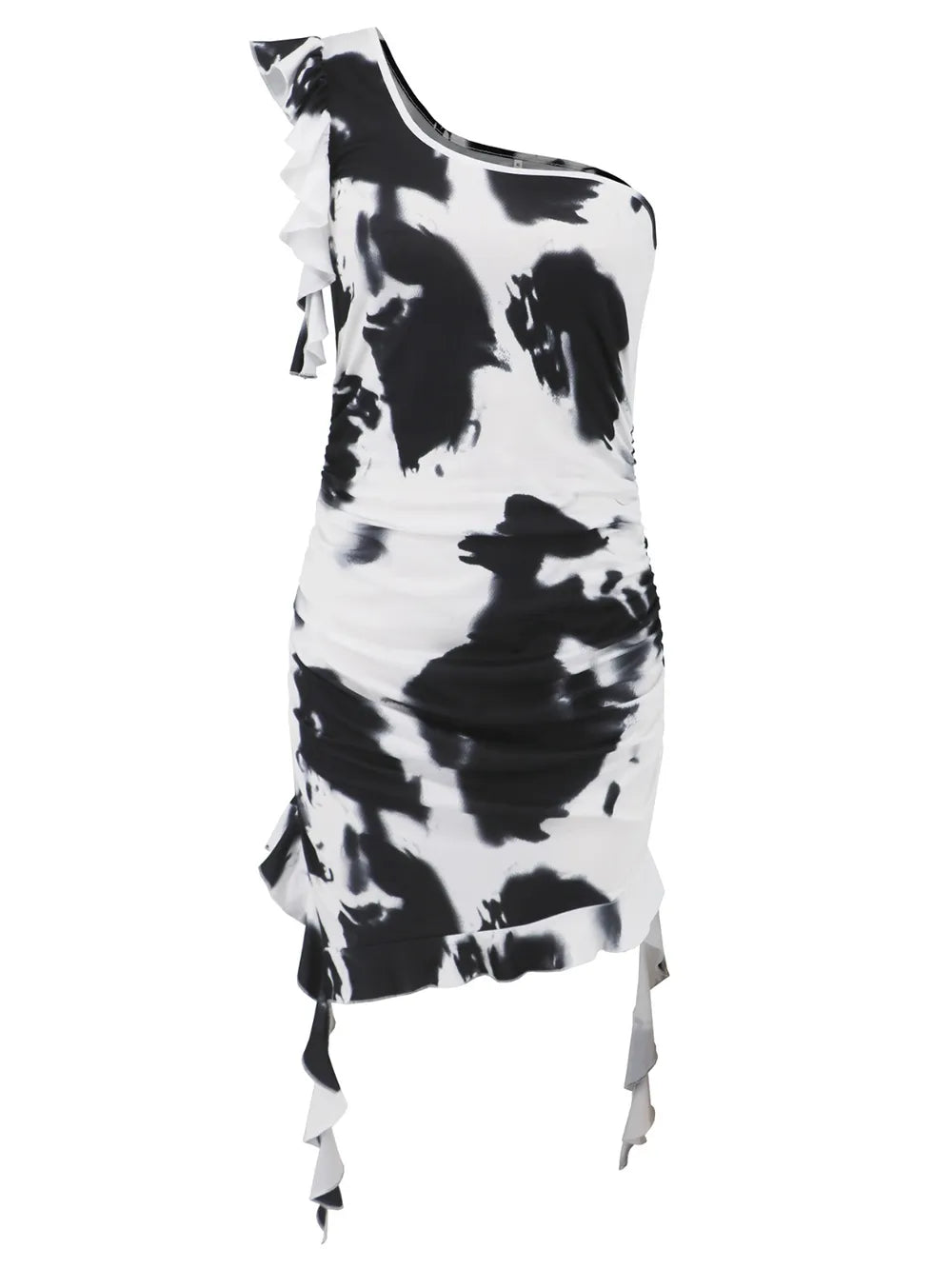 Ruffled Tie-Dye Single Shoulder Mini Dress-Nordavory