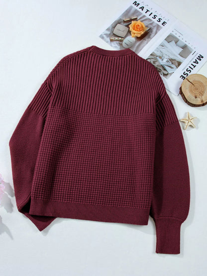 Solid Color Mixed Textured Knitted Crew Neck Sweater-Nordavory
