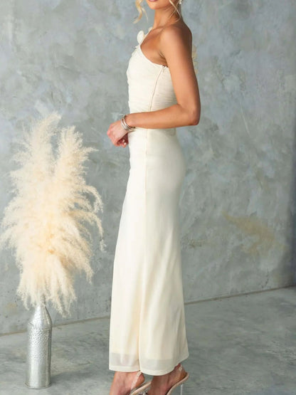 One-Shoulder Floral Trim Sleeveless Maxi Dress-Nordavory