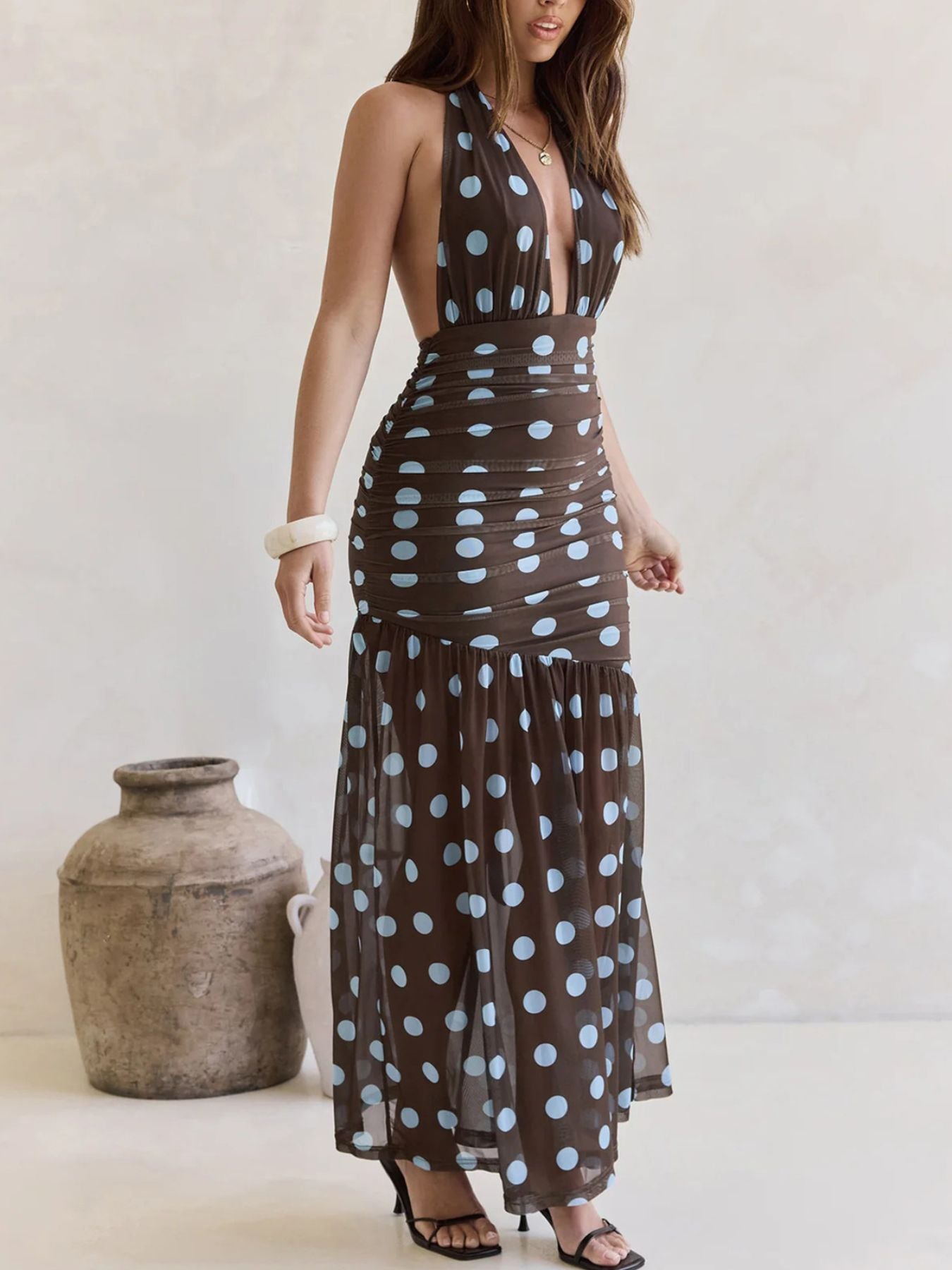 Polka Dot Halter Ruched Maxi Dress-Nordavory