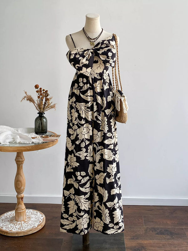 Floral Print Bowknot Wide Leg Jumpsuit-Nordavory
