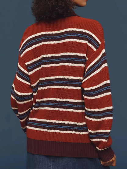 Striped Button Detail Polo Collar Sweater-Nordavory