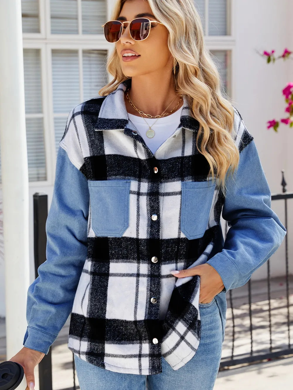 Pocketed Plaid Snap Down Denim Jacket-Nordavory
