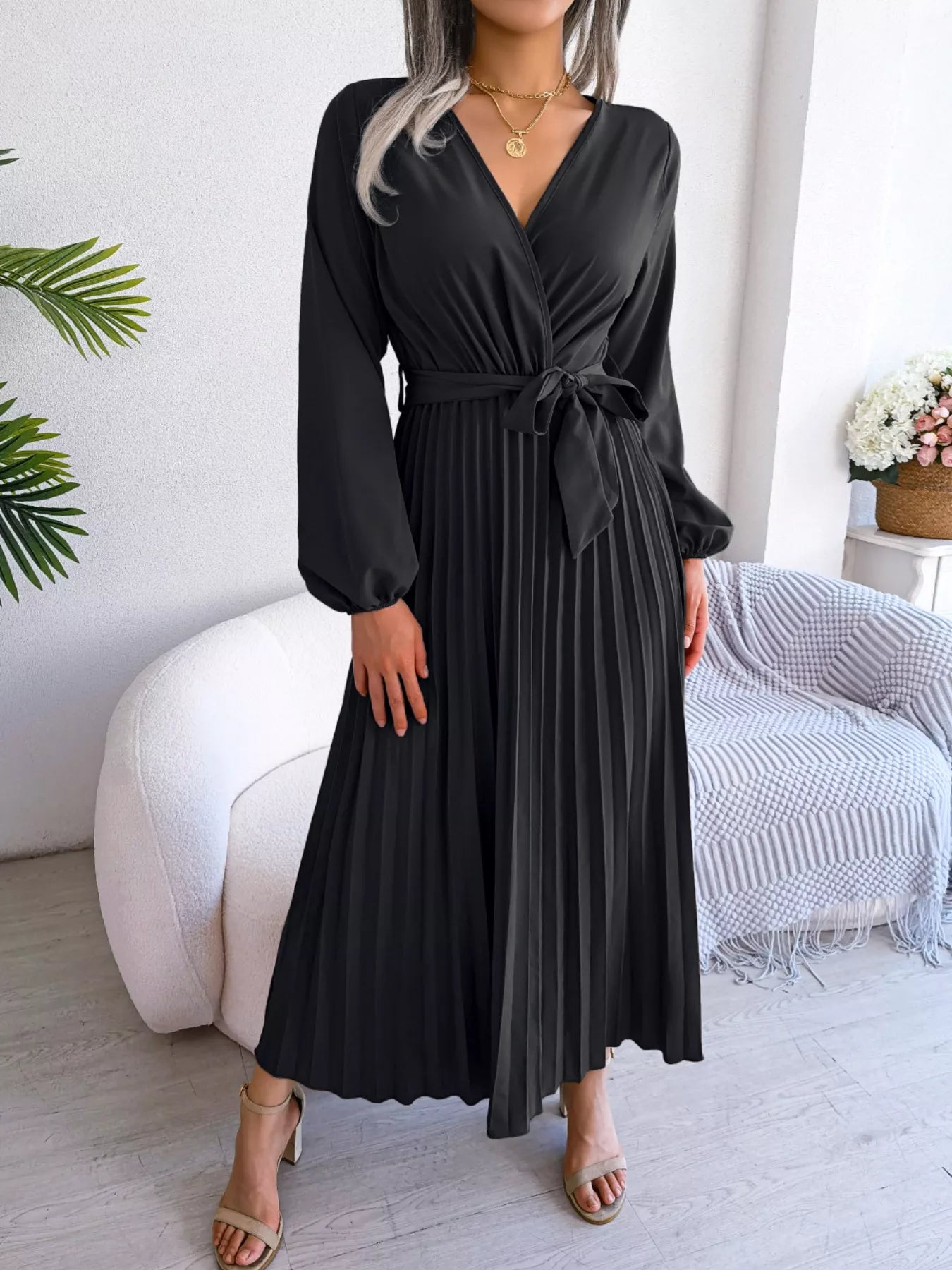 Elegant Pleated Front Tie Long Sleeve Dress-Nordavory