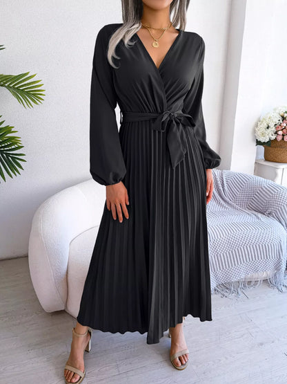 Elegant Pleated Front Tie Long Sleeve Dress-Nordavory