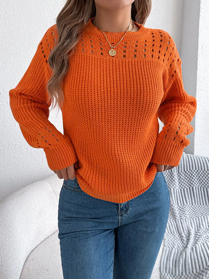 Openwork Round Neck Long Sleeve Sweater-Nordavory