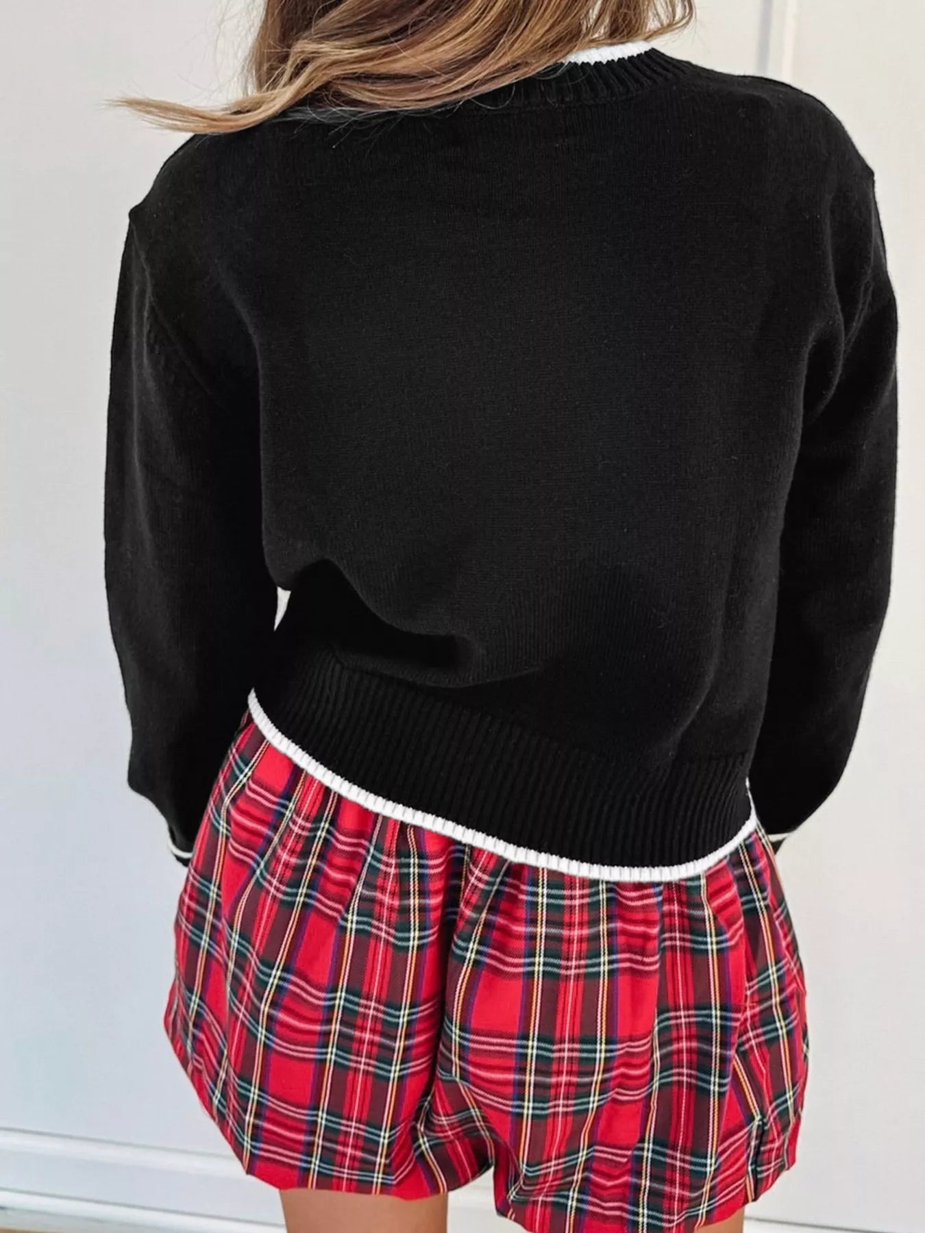 Contrast Trim Bow Accent Holiday Cropped Sweater-Nordavory