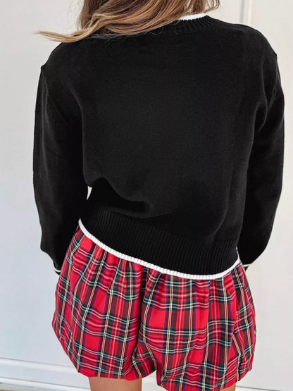 Contrast Trim Bow Accent Holiday Cropped Sweater-Nordavory