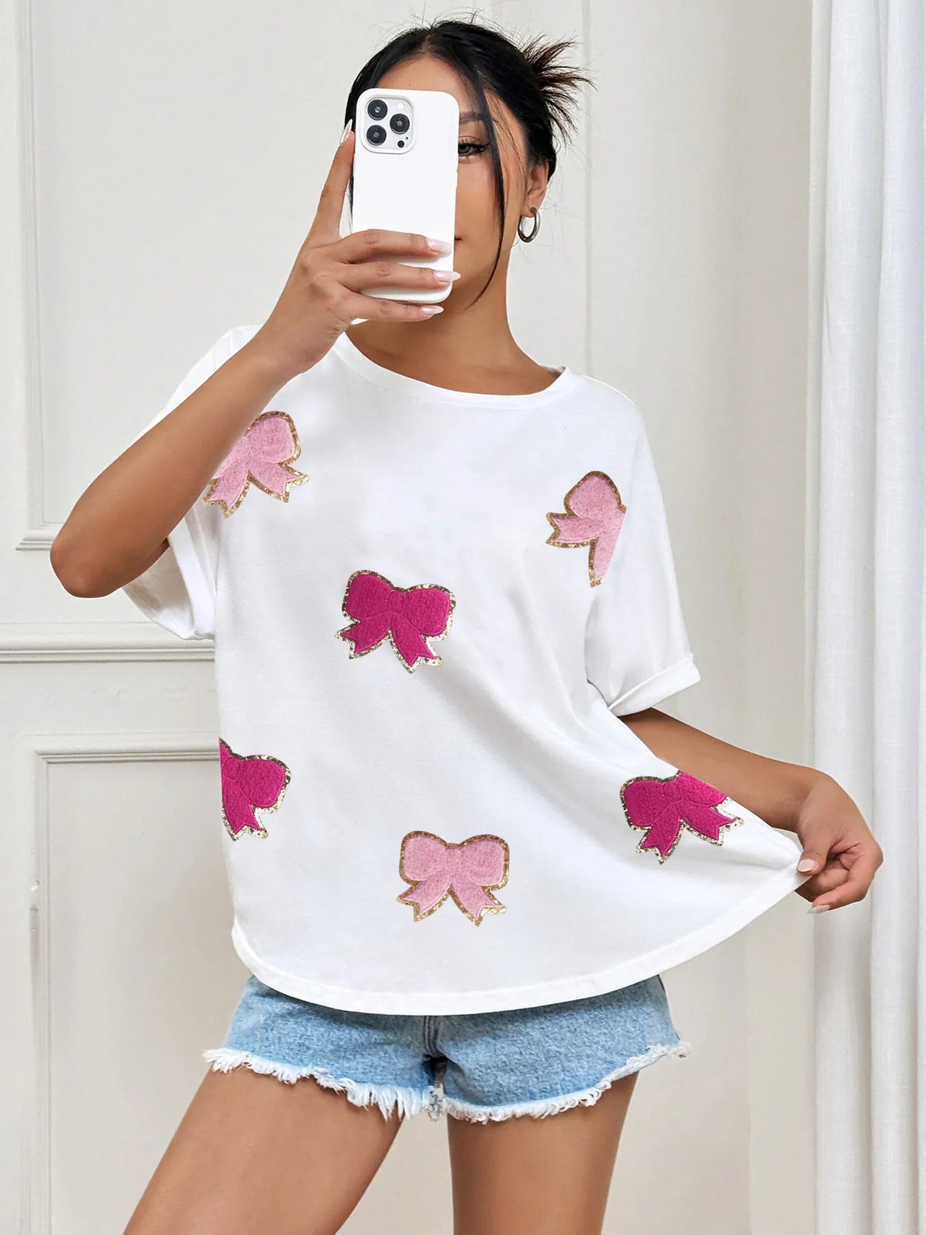 Bow Round Neck Casual T-Shirt-Nordavory