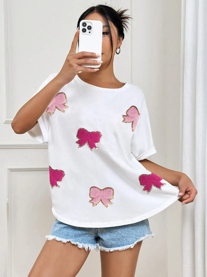Bow Round Neck Casual T-Shirt-Nordavory