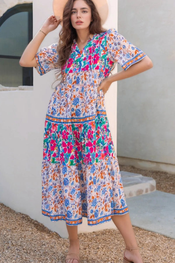 Mixed Floral Print Tie Neck Short Sleeve Dress-Nordavory