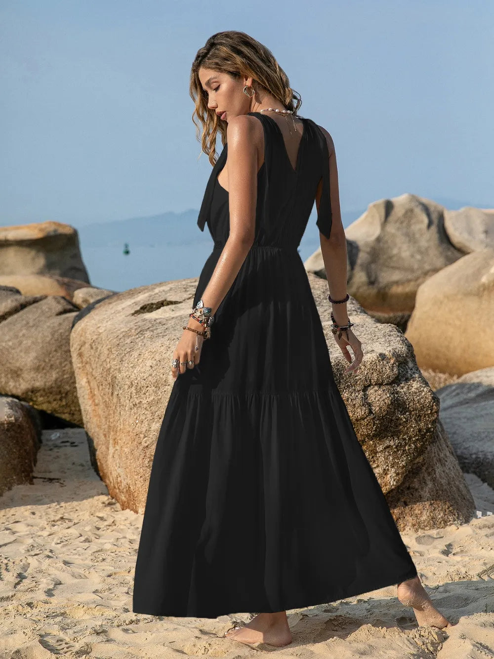 V-Neck Tie Shoulder Crochet Maxi Dress-Nordavory