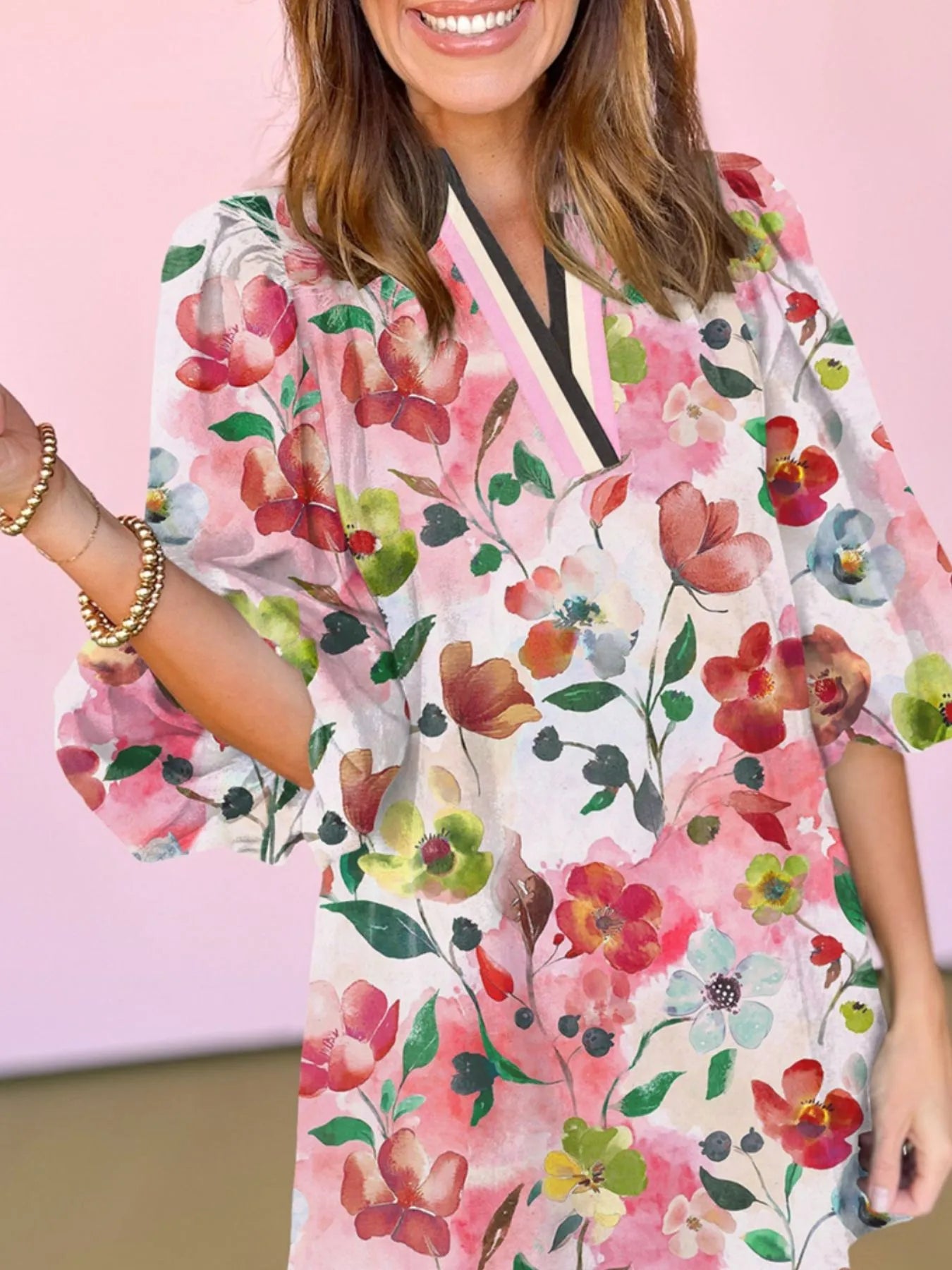 Floral Print Notched Tunic Dress-Nordavory