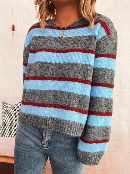 Striped Round Neck Long Sleeve Sweater-Nordavory