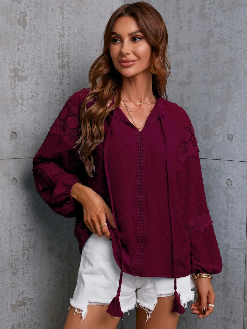 Crochet Tassel Tie Neck Long Sleeve Blouse-Nordavory
