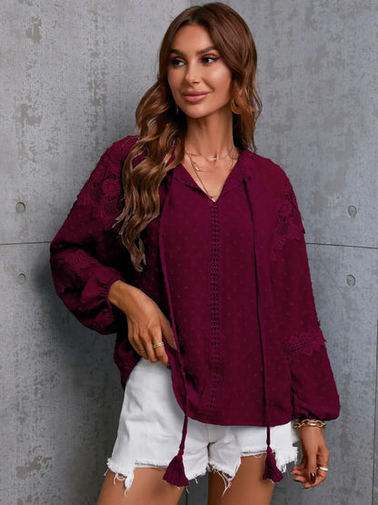 Crochet Tassel Tie Neck Long Sleeve Blouse-Nordavory
