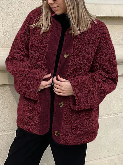 Contrast Button Up Sherpa Jacket with Pockets-Nordavory