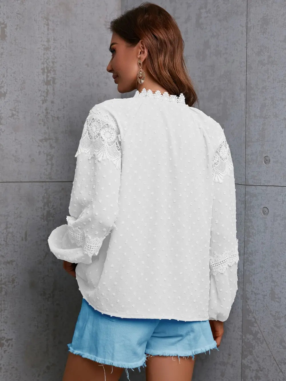 Crochet Tassel Tie Neck Long Sleeve Blouse-Nordavory