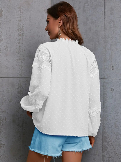 Crochet Tassel Tie Neck Long Sleeve Blouse-Nordavory