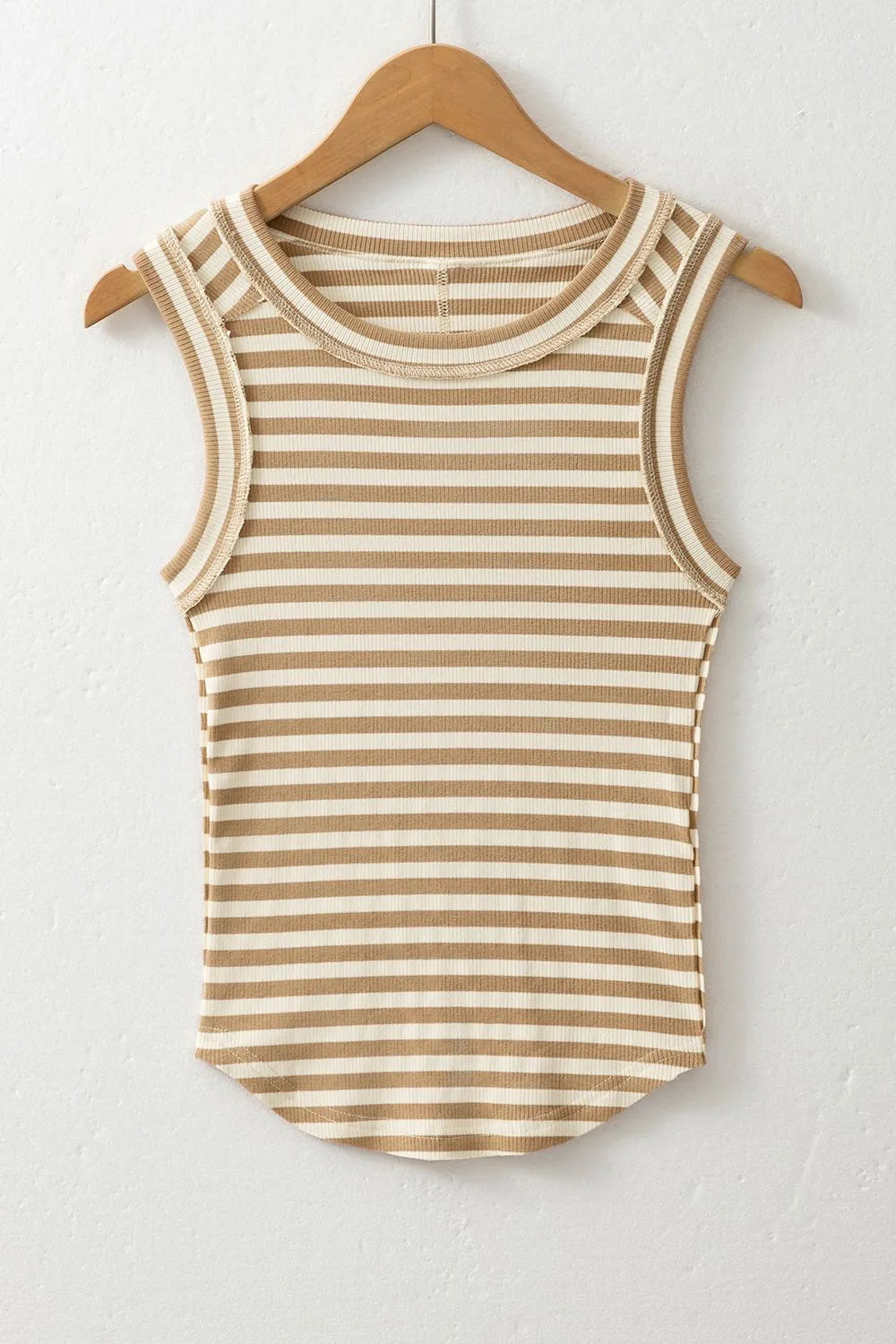 Stripe Exposed Seam Trim Round Neck Sleeveless Top-Nordavory