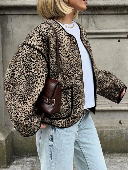 Perfee Leopard Open Front Long Sleeve Jacket-Nordavory