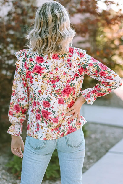 Floral Round Neck Smocked Blouse-Nordavory