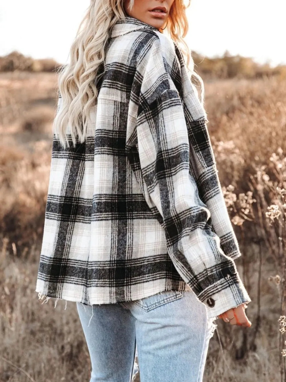 Pocketed Plaid Button Down Long Sleeve Shacket-Nordavory