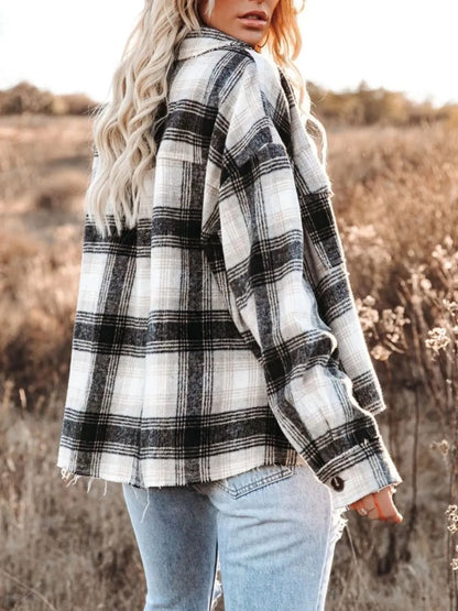 Pocketed Plaid Button Down Long Sleeve Shacket-Nordavory