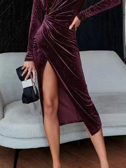 Velvet Ruched Slit Midi Dress-Nordavory