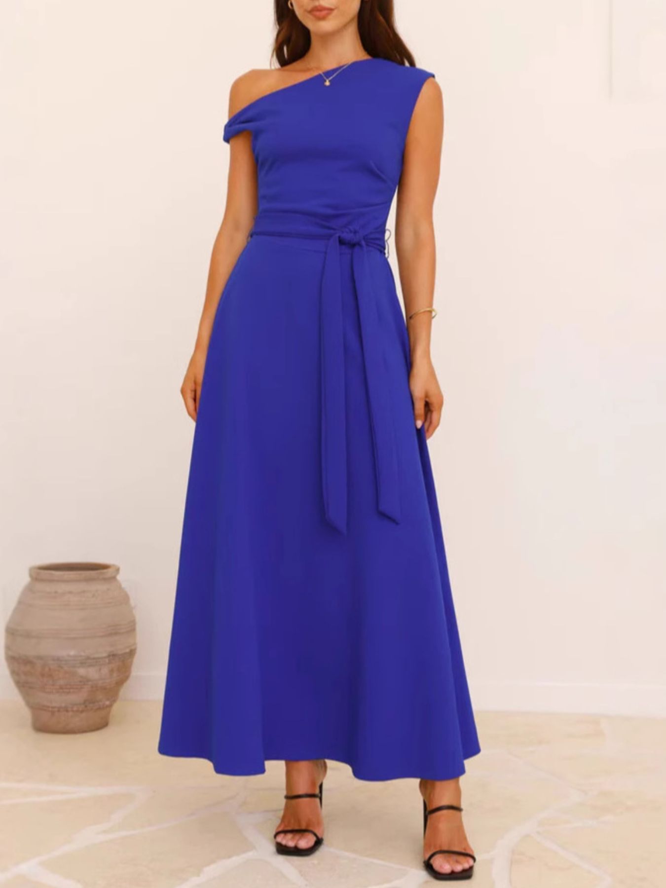 Single Shoulder Tie Waist Maxi Dress-Nordavory