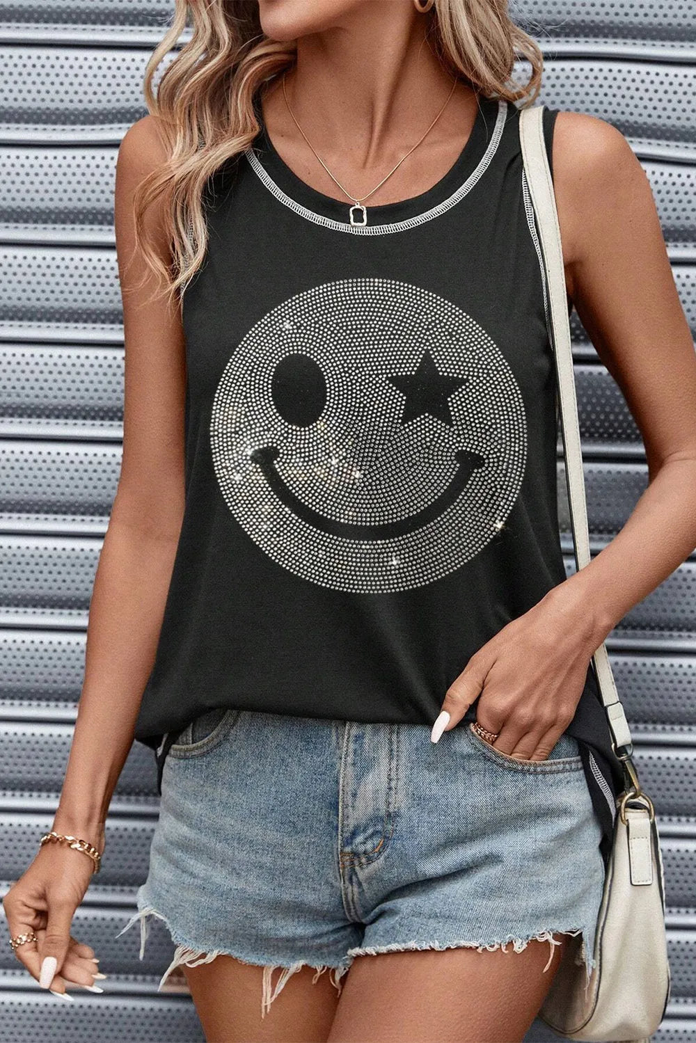 Rhinestone Smile Face Round Neck Tank-Nordavory
