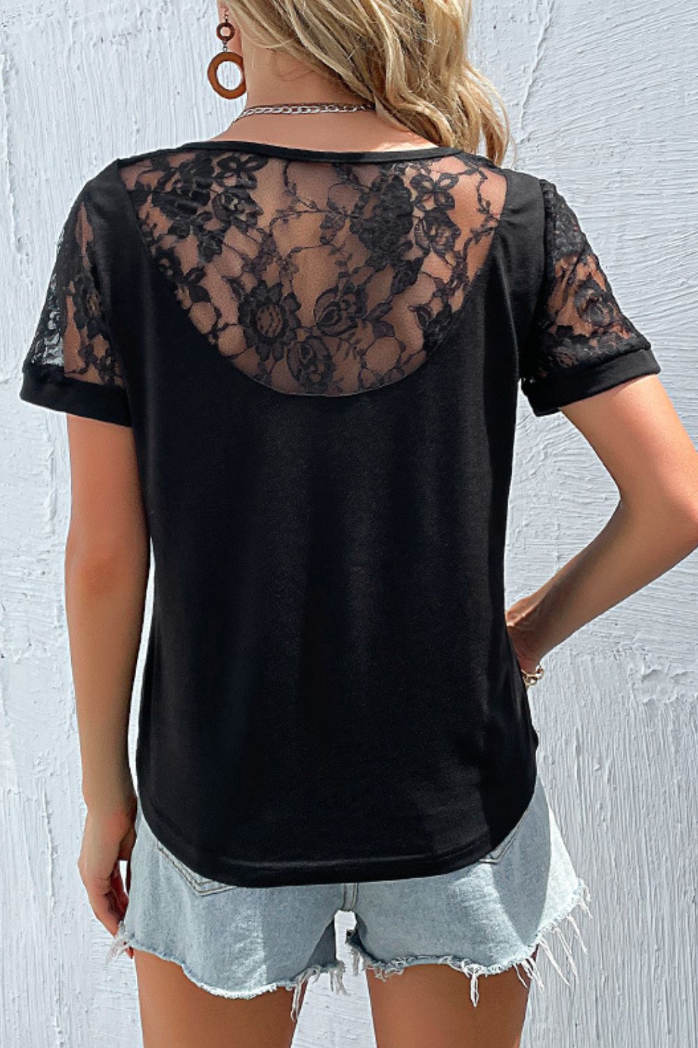 Perfee Spliced Lace Round Neck Short Sleeve Top-Nordavory