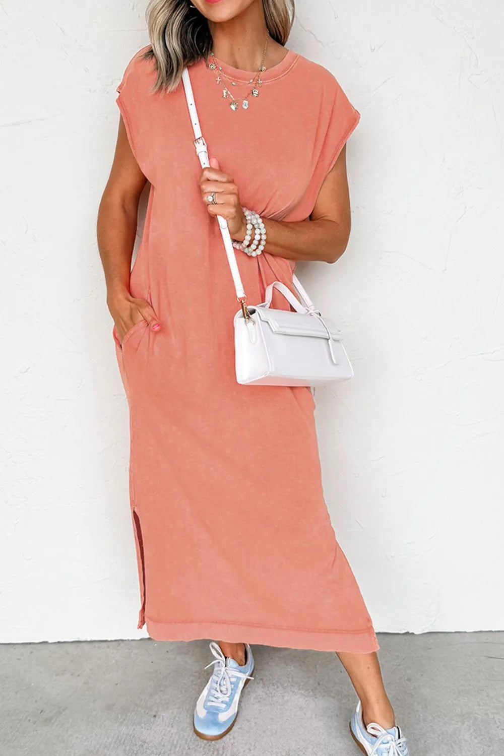 Side Split Round Neck Cap Sleeve T-Shirt Dress-Nordavory