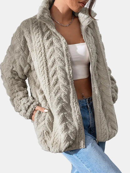 Fuzzy Zip Up Long Sleeve Jacket-Nordavory