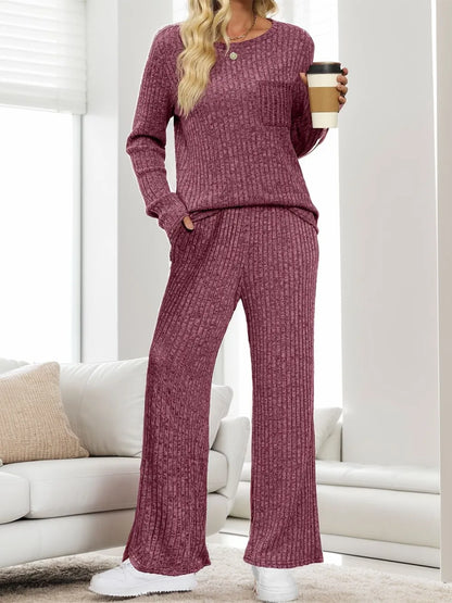 Round Neck Long Sleeve Top and Pants Set-Nordavory