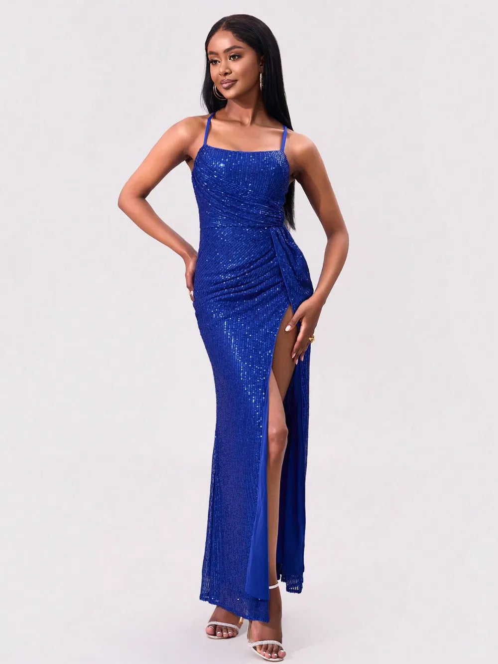 Slit Sequin Square Neck Spaghetti Strap Dress-Nordavory