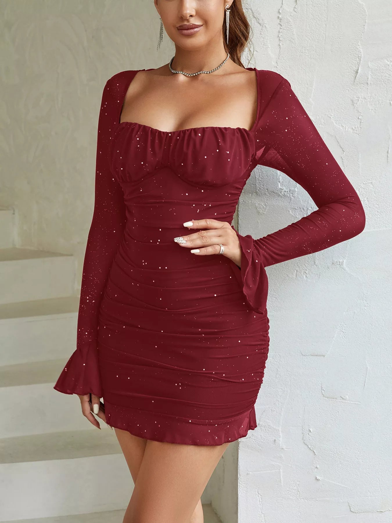 Ruched Glitter Bodycon Mini Dress-Nordavory