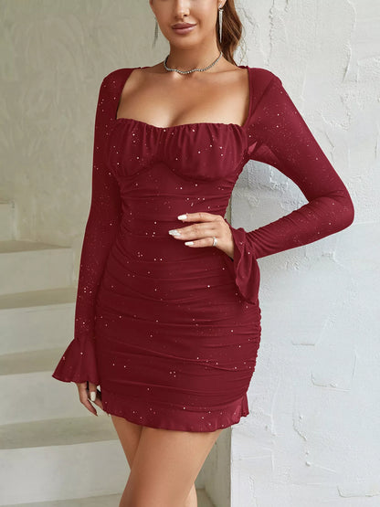 Ruched Glitter Bodycon Mini Dress-Nordavory