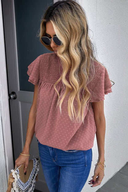 Polka Dot Smocked Flutter Sleeve Blouse-Nordavory